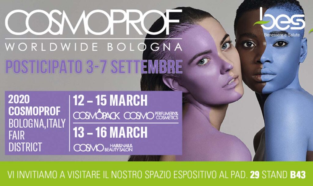 Artwork Cosmoprof 2020 con due ragazze con body painting - invito allo stand Bes Italia al padiglione 29 stand B43