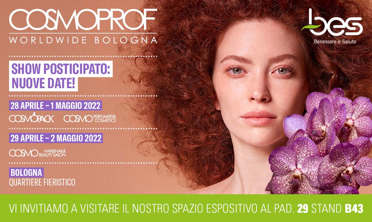 Artwork Cosmoprof 2022 con primo piano viso di donna con capelli ricci rossi e orchidee - invito allo stand Bes Italia al padiglione 29 stand B43